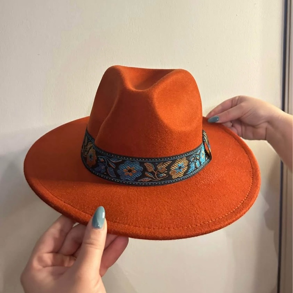 Orange Fedora Hat with Embroidered Band